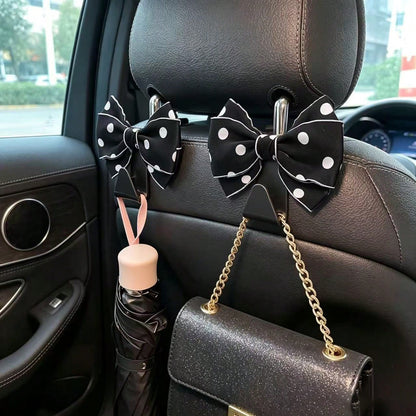 Sweet Style Large Bow Car Hanging Hook, White Polka Dot Design, Multi-Functional Car Seat Back Storage Tool, Exquisite Polka Dot Bow Car Hook, 1 Pair, Luxury Car Interior Decoration And Practical Stor