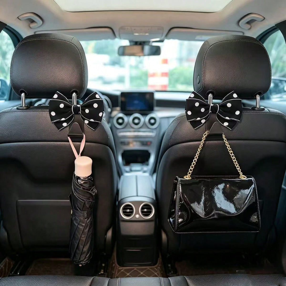 Sweet Style Large Bow Car Hanging Hook, White Polka Dot Design, Multi-Functional Car Seat Back Storage Tool, Exquisite Polka Dot Bow Car Hook, 1 Pair, Luxury Car Interior Decoration And Practical Stor