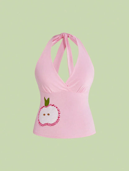 Sweetness Millennium Retro Spring/Summer Basic Versatile Apple Embroidered Floral Decor Plus Size Casual Halter Neck Camisole