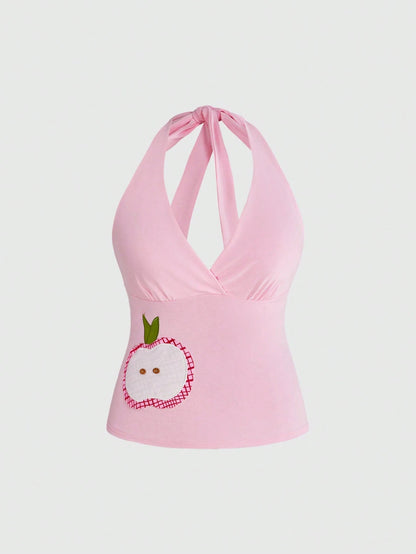 Sweetness Millennium Retro Spring/Summer Basic Versatile Apple Embroidered Floral Decor Plus Size Casual Halter Neck Camisole
