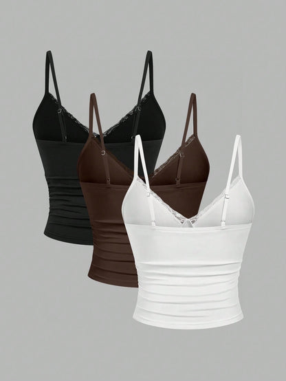 Sweetra 3pcs Plus Size Women Lace Camisole Top Set, Casual And Comfortable