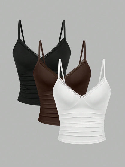 Sweetra 3pcs Plus Size Women Lace Camisole Top Set, Casual And Comfortable