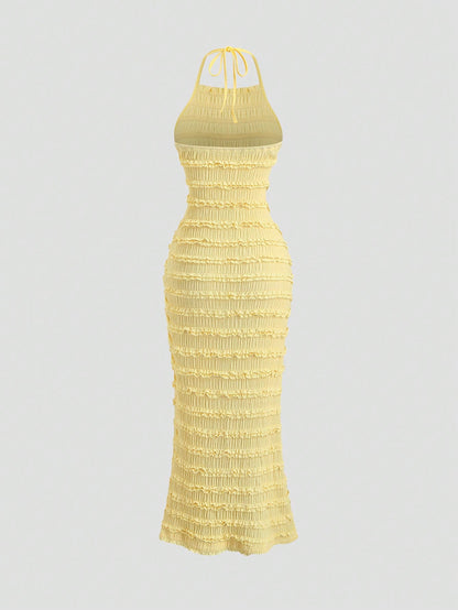 Sweetra Casual Halter Neck Cami Long Dress White Sleeveless Midi Pencil All Over Print For Women