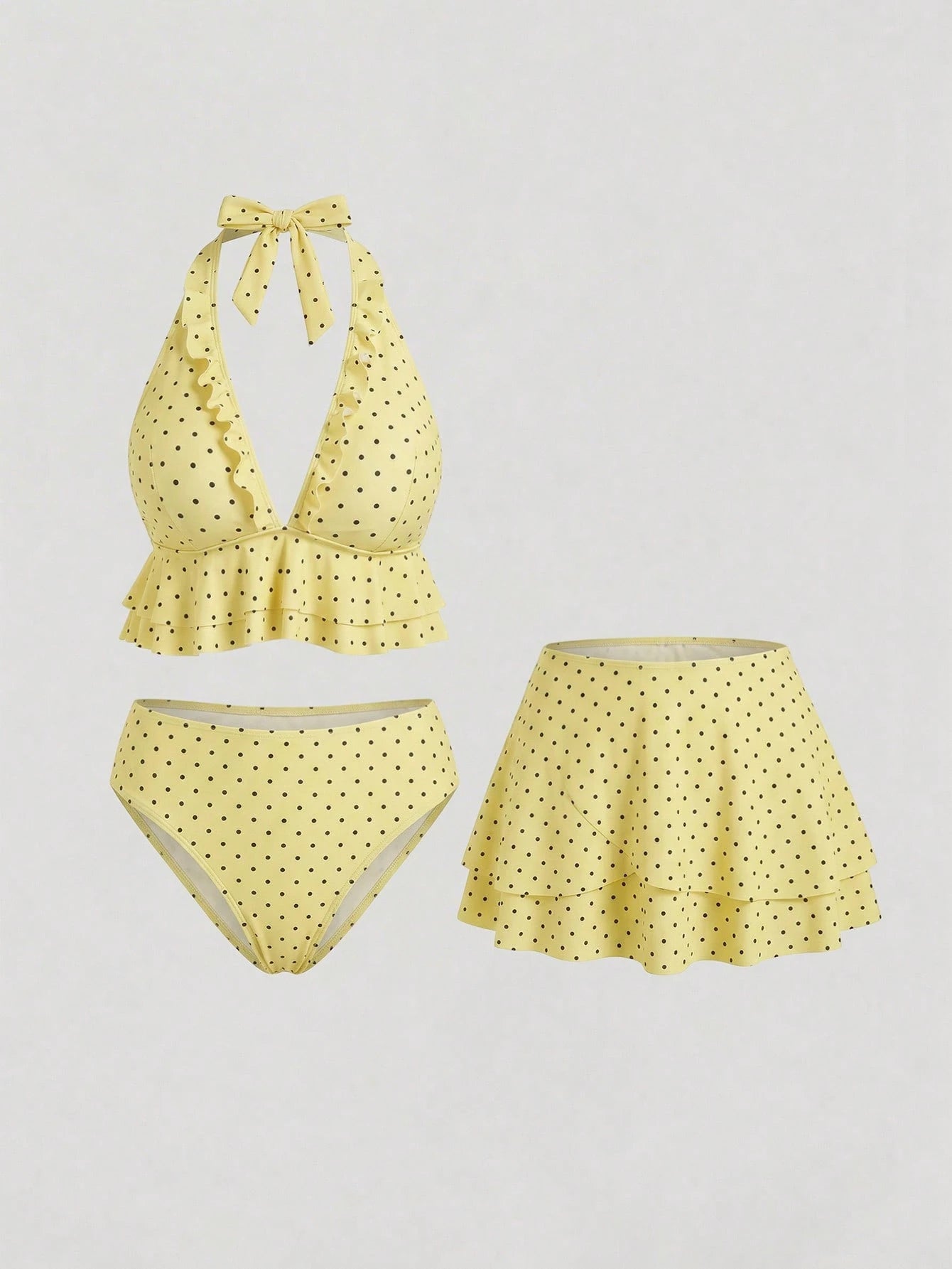Sweetra CURVE Plus Size Contrast Color Polka Dot Print Halter Neck Swimsuit Set