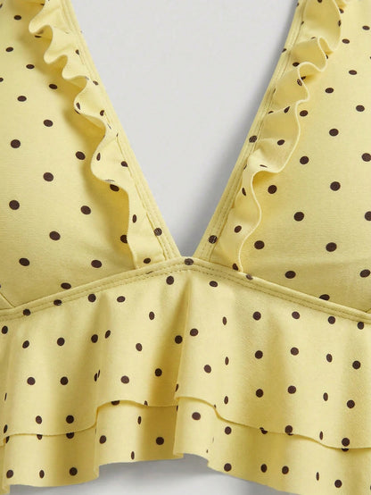 Sweetra CURVE Plus Size Contrast Color Polka Dot Print Halter Neck Swimsuit Set