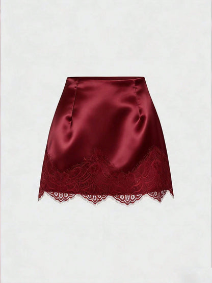 Sweetra Elegant French Retro Satin Brown Floral Patchwork Casual Skirt, Chic Early Spring New Arrival