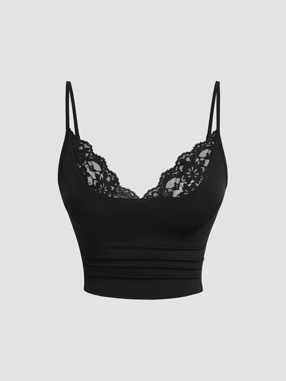 Sweetra European And American Women's Plus Size Minimalist Eleganza Lace Patchwork Minimalist Style Design Backless Camisole Top Date Night Black Summer
