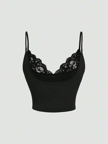 Sweetra European And American Women's Plus Size Minimalist Eleganza Lace Patchwork Minimalist Style Design Backless Camisole Top Date Night Black Summer
