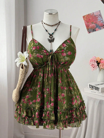 Sweetra Plus Size Casual Nature-Inspired Chiffon Printed Camisole