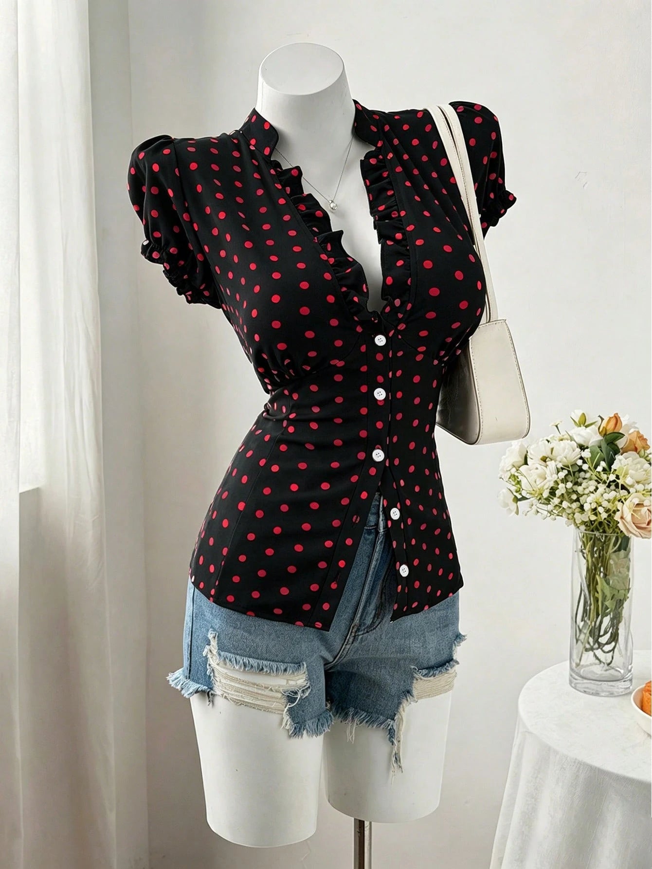 Sweetra Plus Size Fashion Versatile Minimalist Polka Dot Design Niche Elegant Sweet Short Sleeve Fitted Blouse