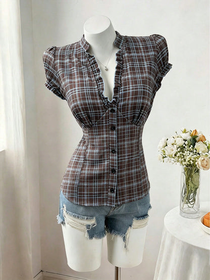 Sweetra Plus Size Fashion Versatile Minimalist Polka Dot Design Niche Elegant Sweet Short Sleeve Fitted Blouse