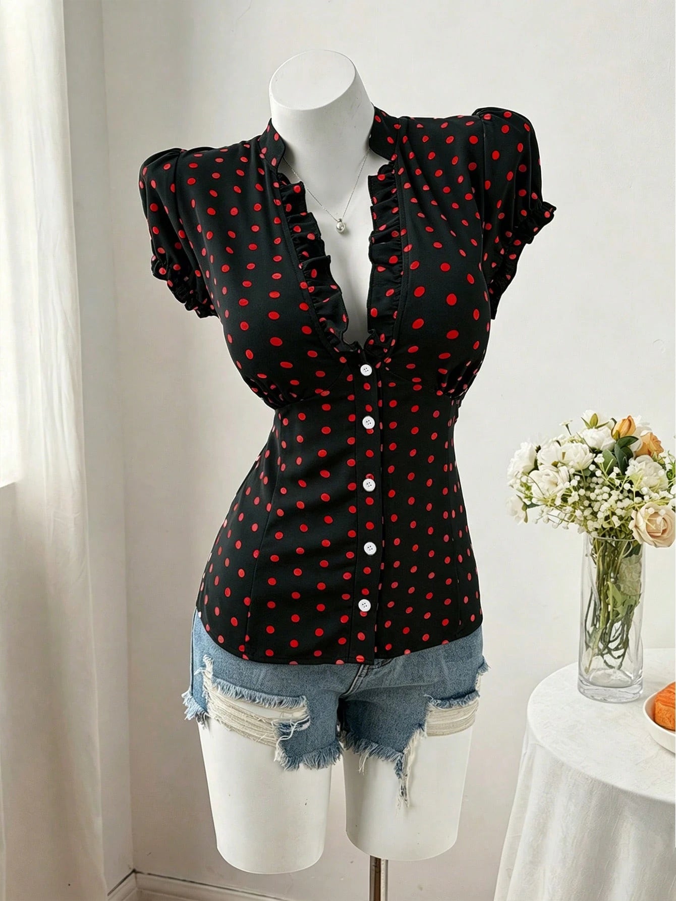 Sweetra Plus Size Fashion Versatile Minimalist Polka Dot Design Niche Elegant Sweet Short Sleeve Fitted Blouse