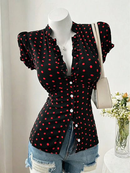 Sweetra Plus Size Fashion Versatile Minimalist Polka Dot Design Niche Elegant Sweet Short Sleeve Fitted Blouse