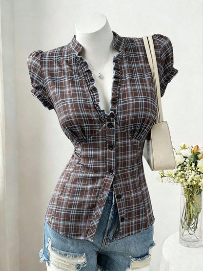 Sweetra Plus Size Fashion Versatile Minimalist Polka Dot Design Niche Elegant Sweet Short Sleeve Fitted Blouse