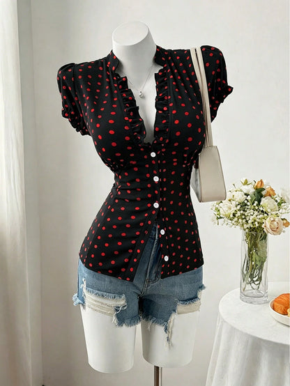 Sweetra Plus Size Fashion Versatile Minimalist Polka Dot Design Niche Elegant Sweet Short Sleeve Fitted Blouse