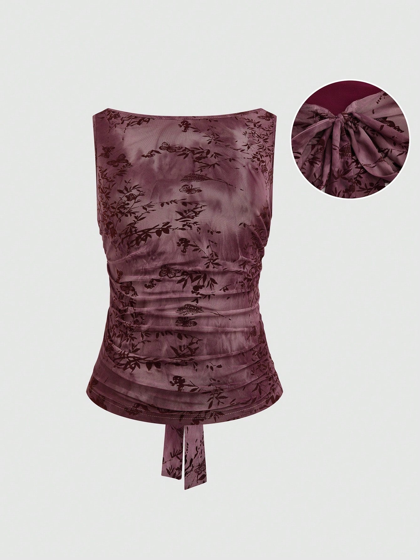 Sweetra Plus Size Solid Wine Red Mesh Flocked Sleeveless Fitted Sexy Backless Tie-Up Crew Neck Camisole Top, Spring/Autumn, Summer