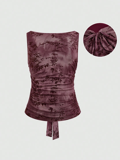 Sweetra Plus Size Solid Wine Red Mesh Flocked Sleeveless Fitted Sexy Backless Tie-Up Crew Neck Camisole Top, Spring/Autumn, Summer