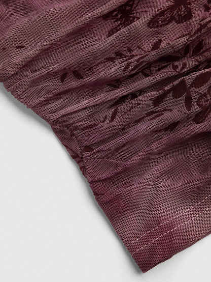Sweetra Plus Size Solid Wine Red Mesh Flocked Sleeveless Fitted Sexy Backless Tie-Up Crew Neck Camisole Top, Spring/Autumn, Summer