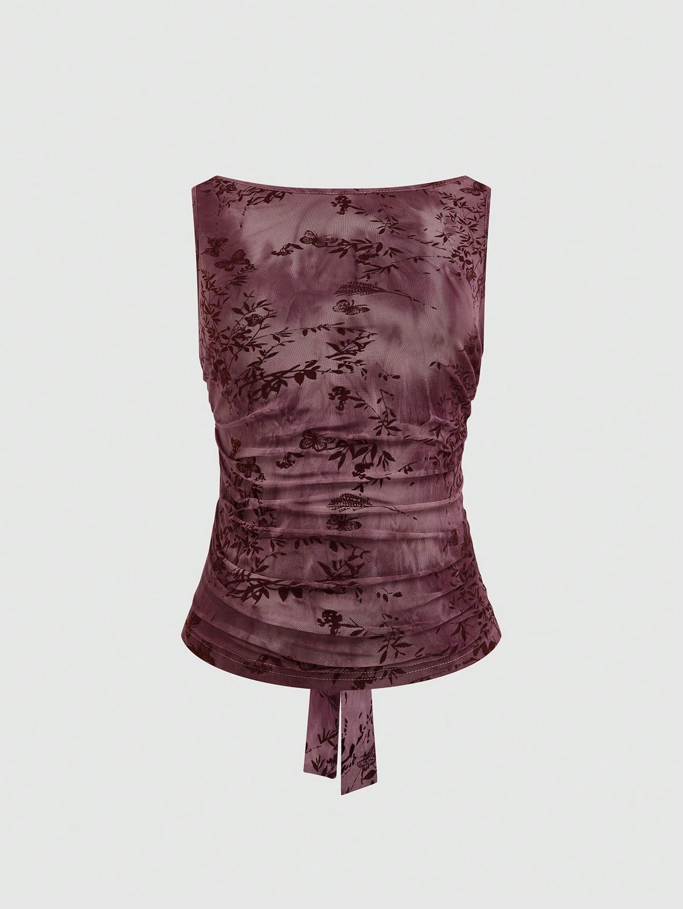 Sweetra Plus Size Solid Wine Red Mesh Flocked Sleeveless Fitted Sexy Backless Tie-Up Crew Neck Camisole Top, Spring/Autumn, Summer