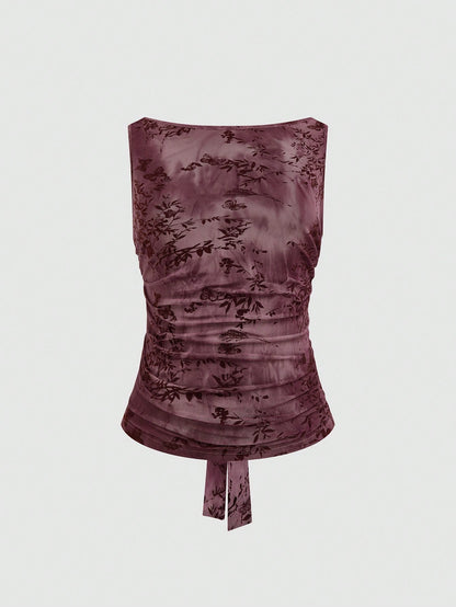 Sweetra Plus Size Solid Wine Red Mesh Flocked Sleeveless Fitted Sexy Backless Tie-Up Crew Neck Camisole Top, Spring/Autumn, Summer