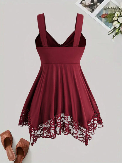 Sweetra Plus Size Women Heart Button Red Casual Minimalist Sexy Waist Splice Lace Camisole Top, Spring/Summer