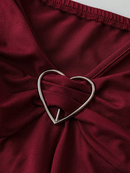 Sweetra Plus Size Women Heart Button Red Casual Minimalist Sexy Waist Splice Lace Camisole Top, Spring/Summer