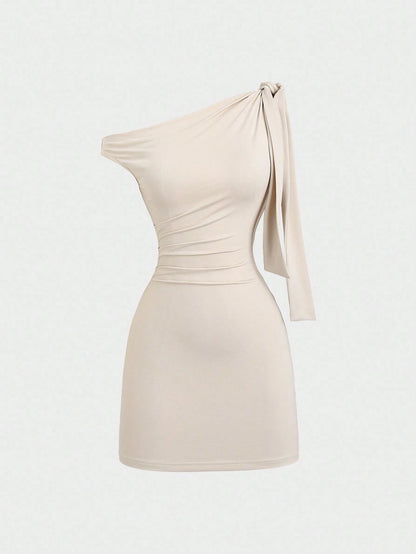 Sweetra Women's Asymmetrical Neck Flounce Sexy A-Line Dress, Waist Cinched, Figure-Flattering, French Style Mini Dress