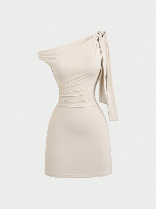 Sweetra Women's Asymmetrical Neck Flounce Sexy A-Line Dress, Waist Cinched, Figure-Flattering, French Style Mini Dress