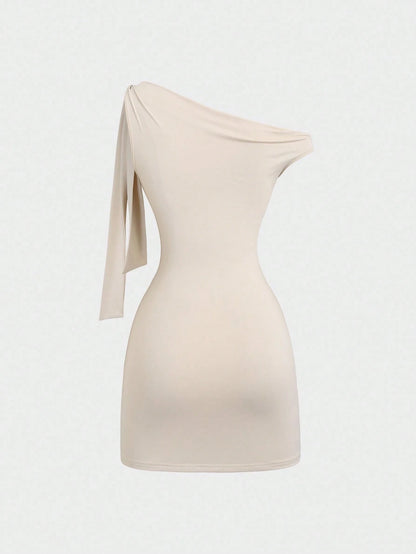 Sweetra Women's Asymmetrical Neck Flounce Sexy A-Line Dress, Waist Cinched, Figure-Flattering, French Style Mini Dress