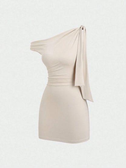 Sweetra Women's Asymmetrical Neck Flounce Sexy A-Line Dress, Waist Cinched, Figure-Flattering, French Style Mini Dress