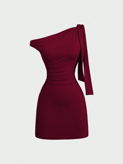 Sweetra Women's Asymmetrical Neck Flounce Sexy A-Line Dress, Waist Cinched, Figure-Flattering, French Style Mini Dress