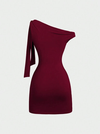 Sweetra Women's Asymmetrical Neck Flounce Sexy A-Line Dress, Waist Cinched, Figure-Flattering, French Style Mini Dress