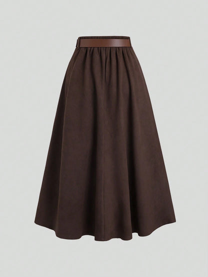 Sweetra Women's Coffee Brown Suede Faux Fur Single-Breasted Skirt, Autumn/Winter Western Skirts