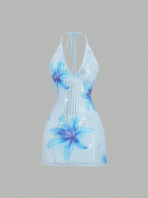 Sweetra Women's New Spring/Summer Suitable For Vacation, Party, Elegant Romantic Floral Sequin Fabric Deep V-Neck Design Backless Tie Strap Mini Dress