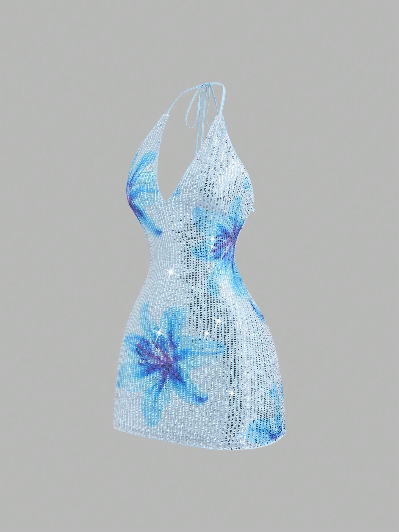 Sweetra Women's New Spring/Summer Suitable For Vacation, Party, Elegant Romantic Floral Sequin Fabric Deep V-Neck Design Backless Tie Strap Mini Dress