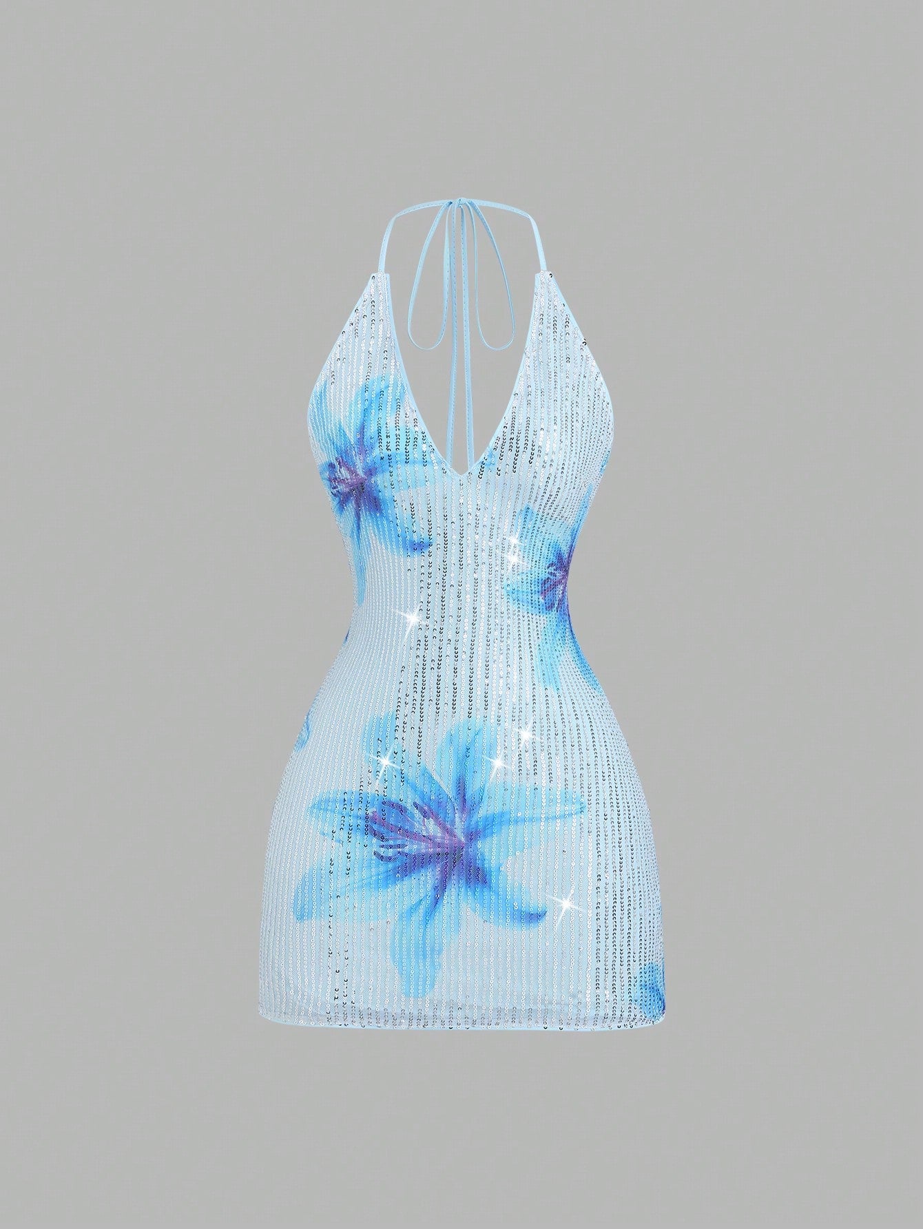 Sweetra Women's New Spring/Summer Suitable For Vacation, Party, Elegant Romantic Floral Sequin Fabric Deep V-Neck Design Backless Tie Strap Mini Dress