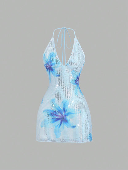 Sweetra Women's New Spring/Summer Suitable For Vacation, Party, Elegant Romantic Floral Sequin Fabric Deep V-Neck Design Backless Tie Strap Mini Dress