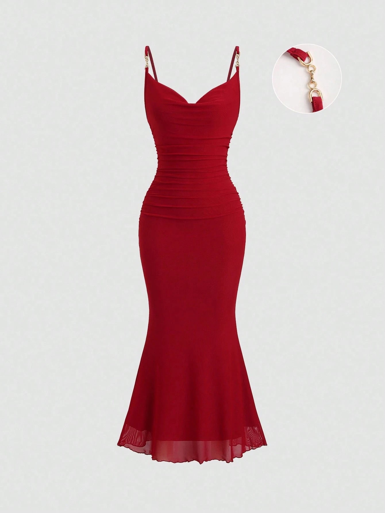 Sweetra Women's Red Ruched Bodycon Midi Dress With French Chic Net Yoke, Slit, Spaghetti Straps, High-End Elegant Evening Dress