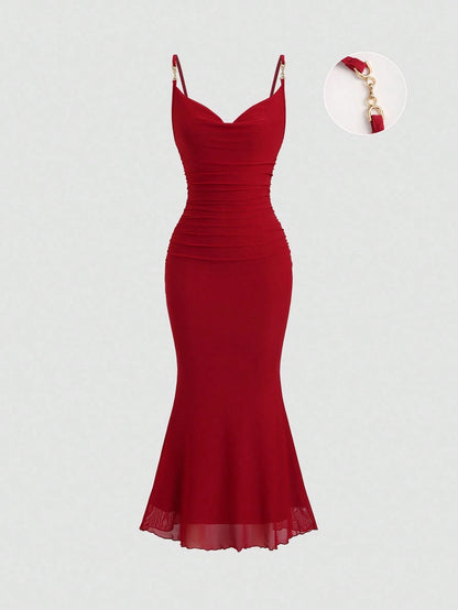 Sweetra Women's Red Ruched Bodycon Midi Dress With French Chic Net Yoke, Slit, Spaghetti Straps, High-End Elegant Evening Dress