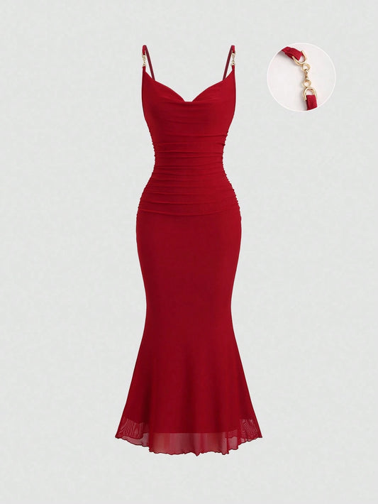 Sweetra Women's Red Ruched Bodycon Midi Dress With French Chic Net Yoke, Slit, Spaghetti Straps, High-End Elegant Evening Dress