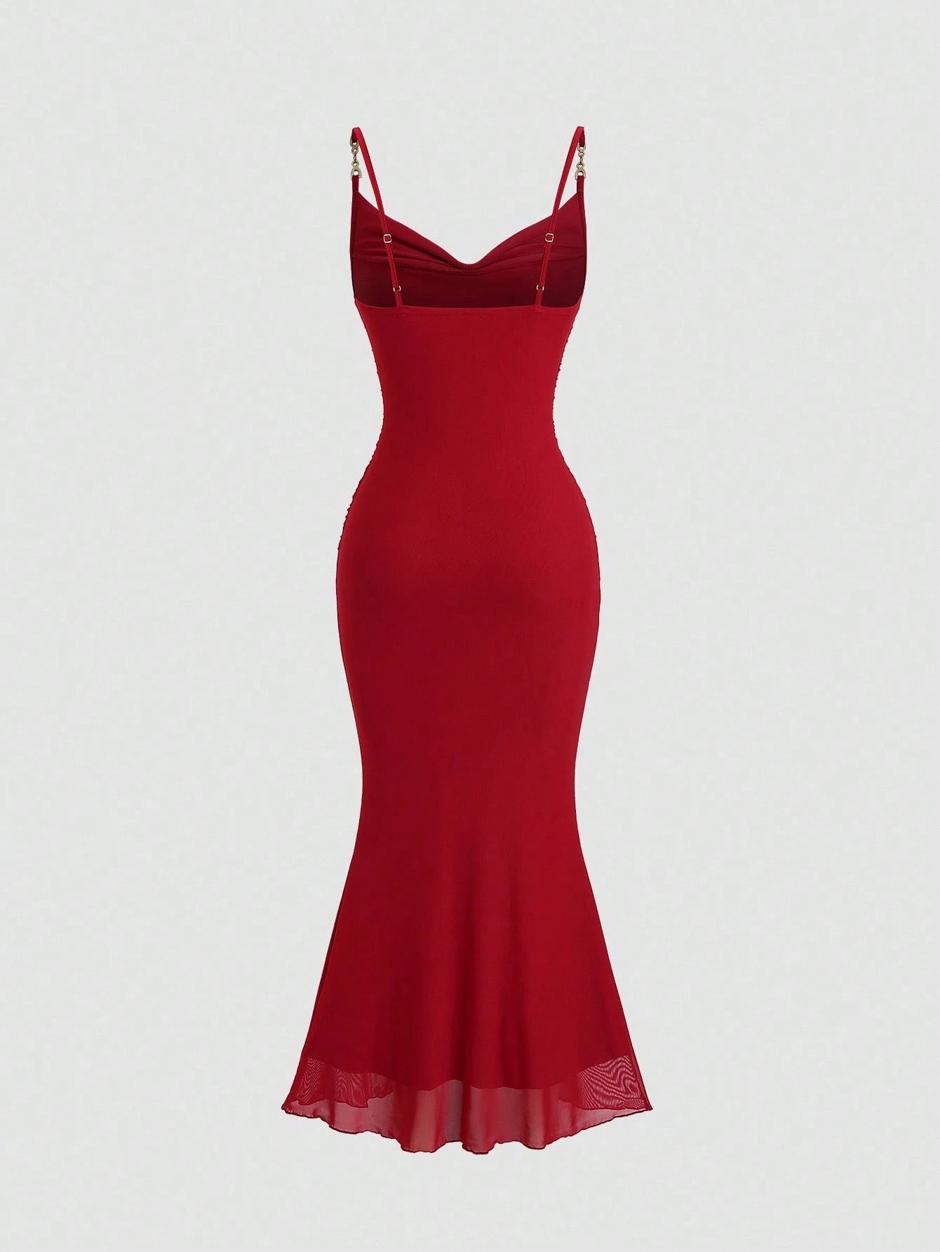 Sweetra Women's Red Ruched Bodycon Midi Dress With French Chic Net Yoke, Slit, Spaghetti Straps, High-End Elegant Evening Dress