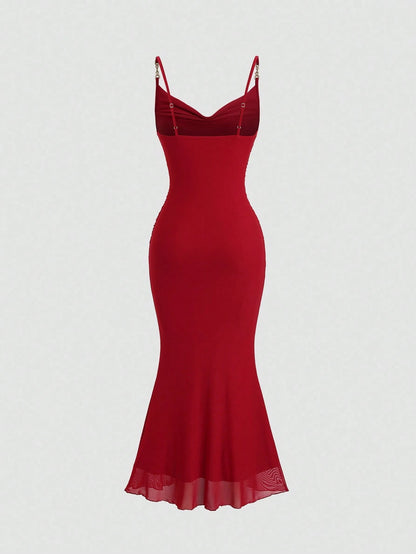 Sweetra Women's Red Ruched Bodycon Midi Dress With French Chic Net Yoke, Slit, Spaghetti Straps, High-End Elegant Evening Dress