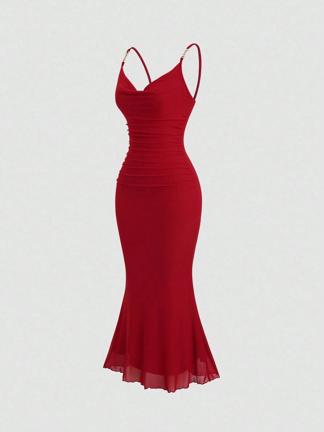 Sweetra Women's Red Ruched Bodycon Midi Dress With French Chic Net Yoke, Slit, Spaghetti Straps, High-End Elegant Evening Dress
