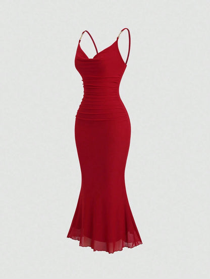 Sweetra Women's Red Ruched Bodycon Midi Dress With French Chic Net Yoke, Slit, Spaghetti Straps, High-End Elegant Evening Dress
