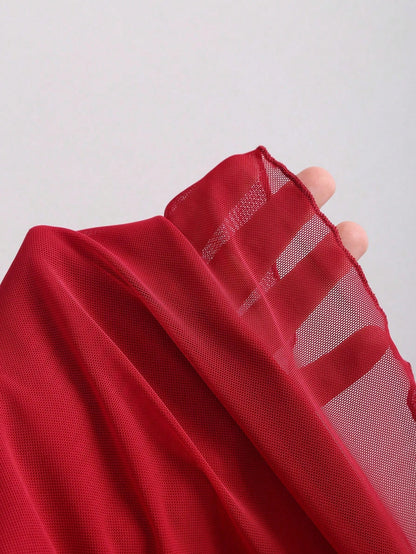 Sweetra Women's Red Ruched Bodycon Midi Dress With French Chic Net Yoke, Slit, Spaghetti Straps, High-End Elegant Evening Dress