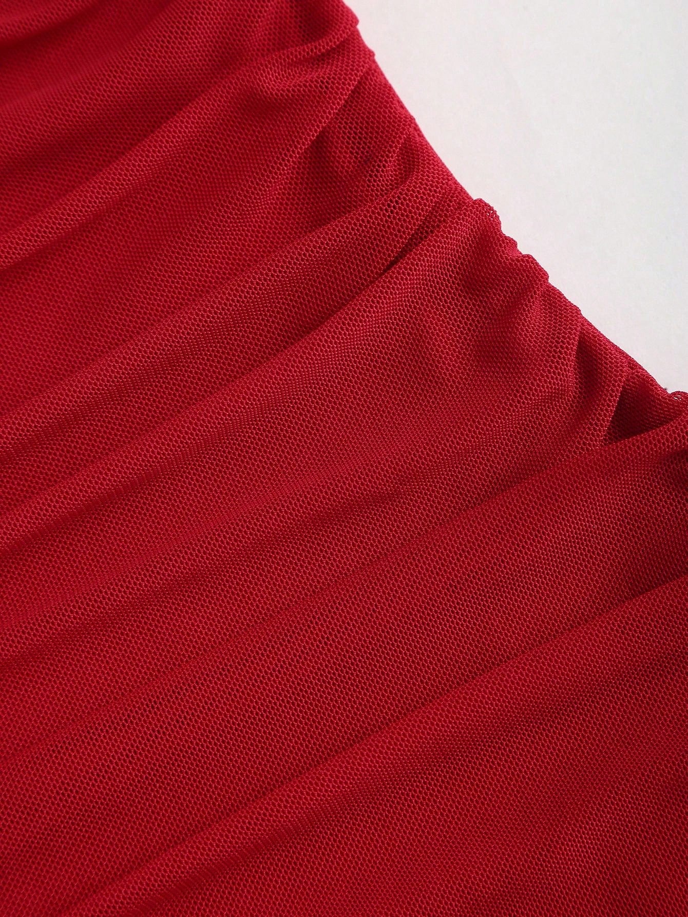 Sweetra Women's Red Ruched Bodycon Midi Dress With French Chic Net Yoke, Slit, Spaghetti Straps, High-End Elegant Evening Dress