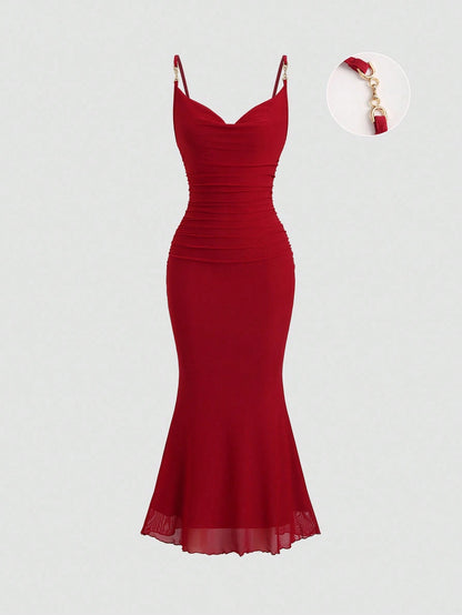 Sweetra Women's Red Ruched Bodycon Midi Dress With French Chic Net Yoke, Slit, Spaghetti Straps, High-End Elegant Evening Dress