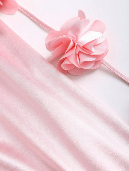 Sweetra Women's Spring Backless Sexy Bodycon Dress, Floral Strap, Comfortable, Elegant, Suitable For Outing, Pink