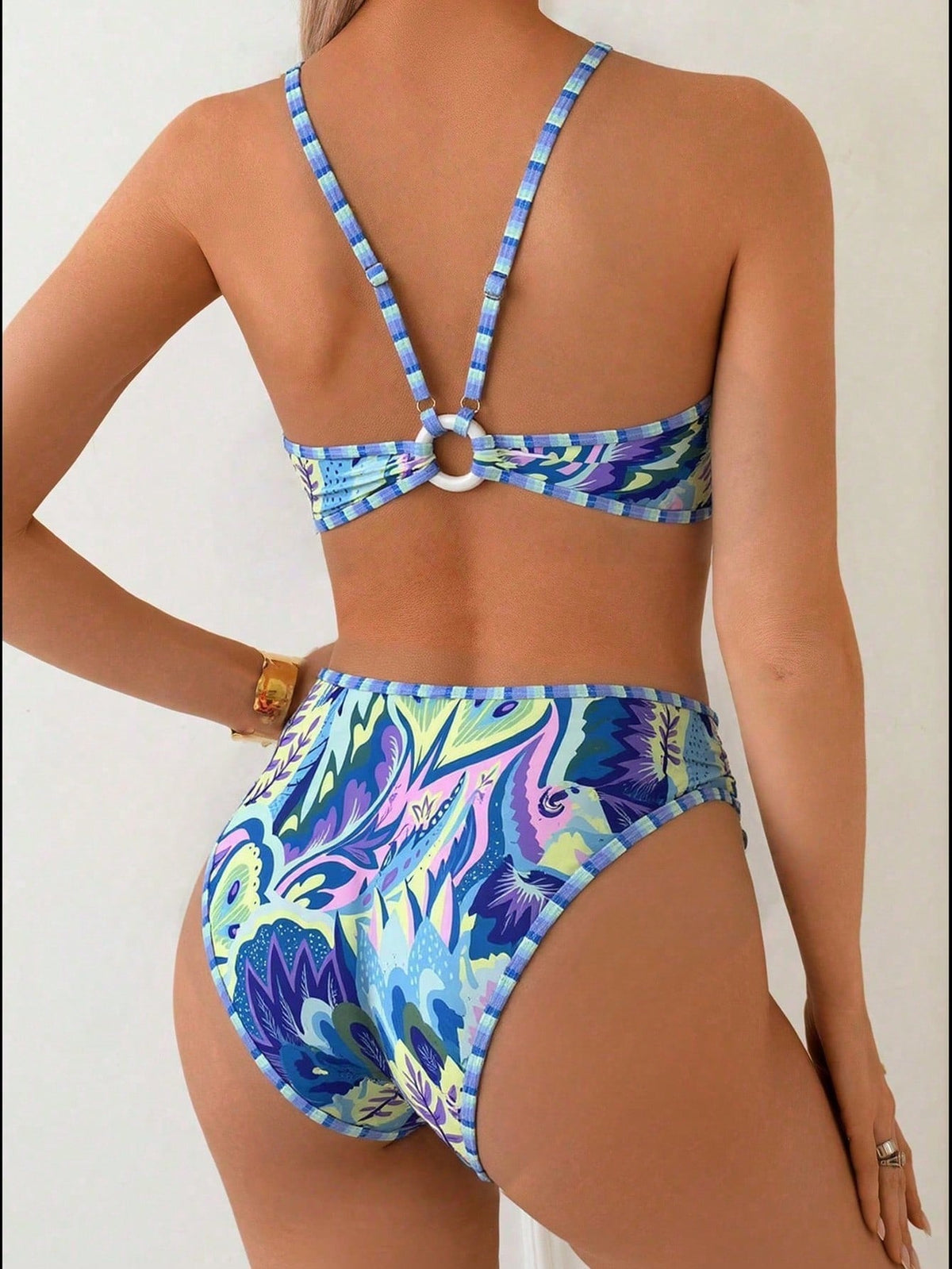 Swim 2pcs/Set Random Floral Print Beach Outfits For Women- Spaghetti Strap Top And High Waist Bikini Bottoms, Summer