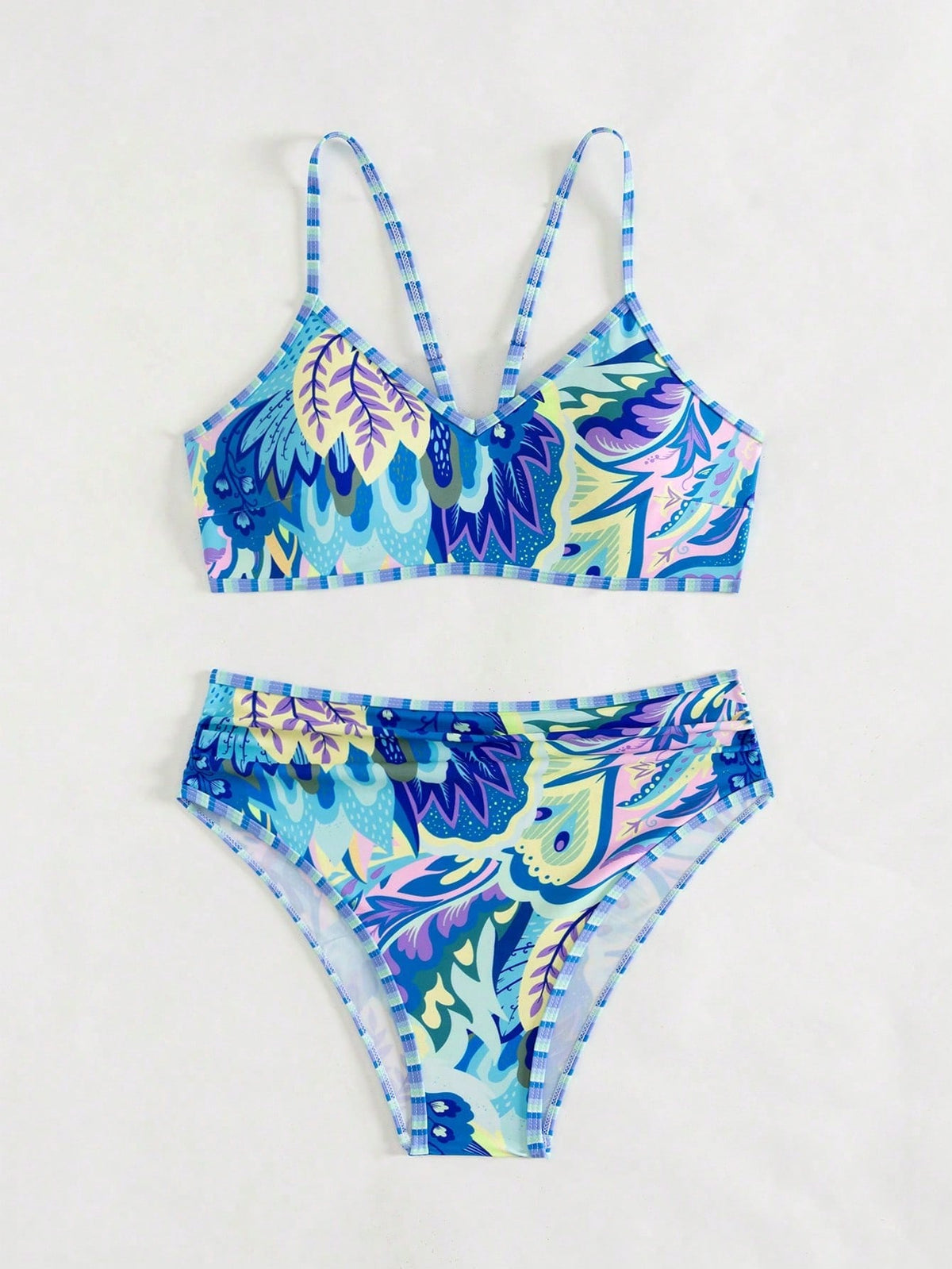 Swim 2pcs/Set Random Floral Print Beach Outfits For Women- Spaghetti Strap Top And High Waist Bikini Bottoms, Summer